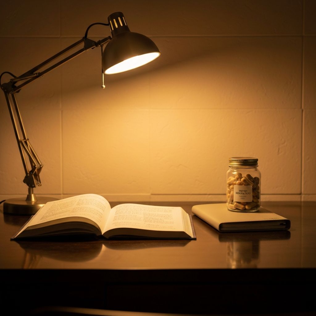 Abendlicher Schreibtisch mit Buch, Planer und Nahrungsergänzungsmittel