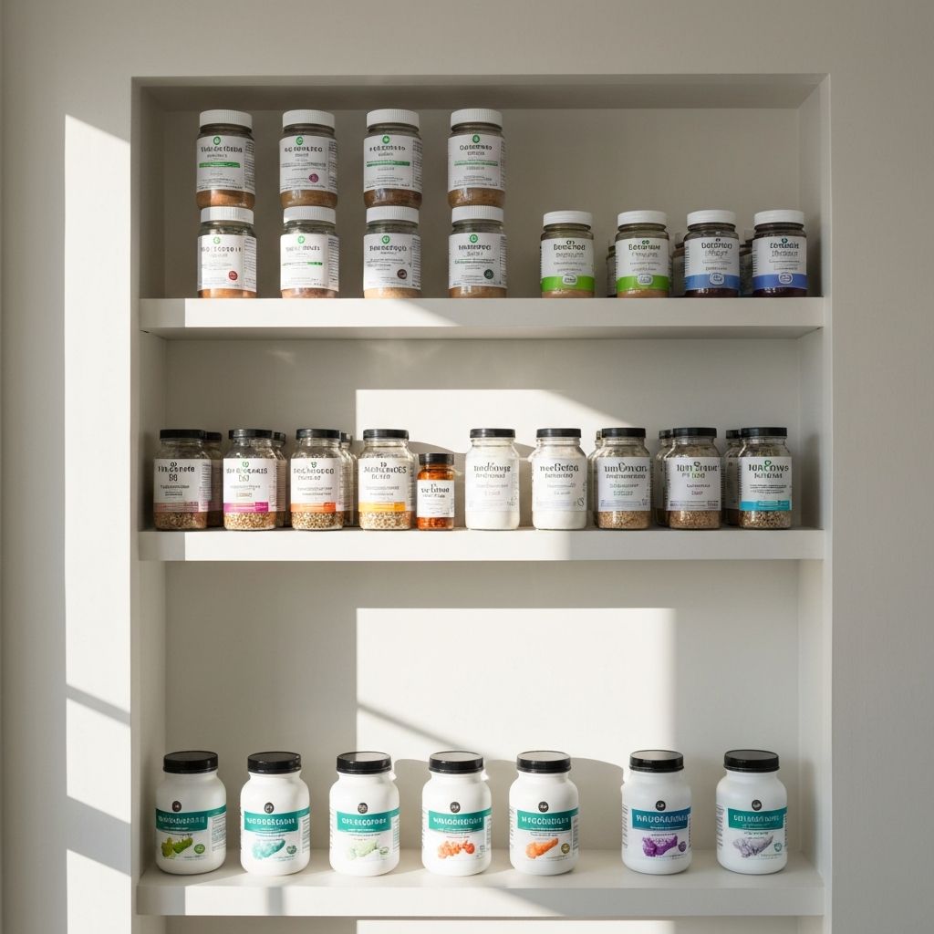 Organisiertes Regal mit Nahrungsergänzungsgläsern und Pulvern